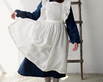 White Vintage Linen Apron: Victorian Cottagecore Style, Midi Length