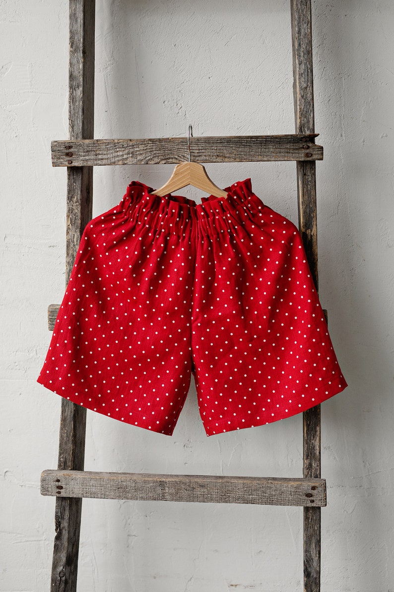 Red Polka Dot Festive Shorts, Linen Shorts, Over the Knee Shorts, Women Shorts, Linen Shorts for Women, High Waist Shorts, Loungewear image 8