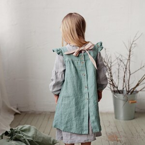 Mint Linen Pinafore Dress: Embroidered Baby Apron, Flower Girl Outfit image 6
