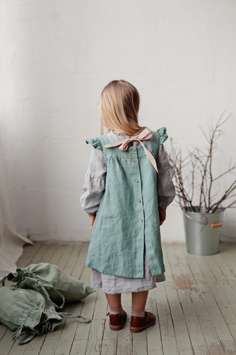 Mint Linen Pinafore Dress: Embroidered Baby Apron, Flower Girl Outfit image 6