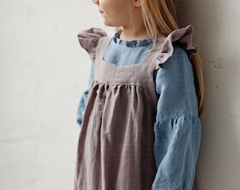 Lavender Linen Pinafore Dress: Embroidered Flower Girl Outfit