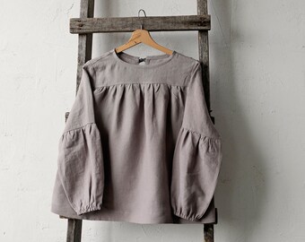 Lavender Linen Tunic: Ruffled Long Sleeve Cottagecore Blouse