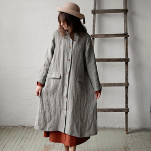 B&W Stripe Classic Linen Coat, Linen Coat for Women, Hand Embroidery, A Line Linen Coat, Linen Coat Women, Autumn Linen Coat, Spring Coat image 4