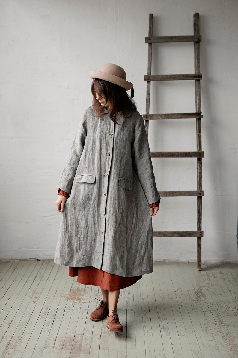 B&W Stripe Classic Linen Coat, Linen Coat for Women, Hand Embroidery, A Line Linen Coat, Linen Coat Women, Autumn Linen Coat, Spring Coat image 4