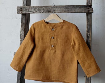 Mustard Long Sleeve Unisex Linen Shirt, Different Embroideries, Linen Shirt, Linen Shirt Boys, Linen Shirt Girls, Kids Shirt