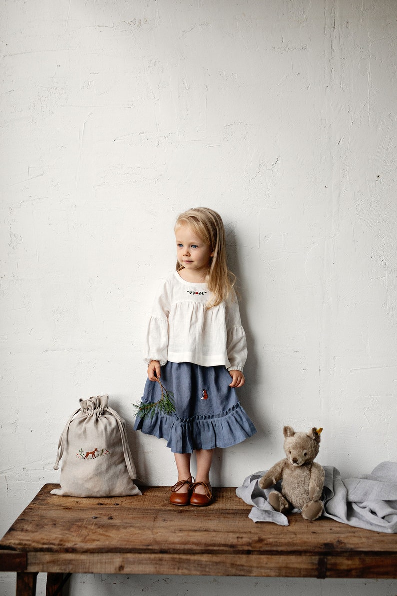 Dusty Blue Ruffle Skirt, Linen Ruffle Skirt, Different Embroideries, Baby Girl Skirt, Linen Clothes for Kids, Washed Linen Skirt image 3