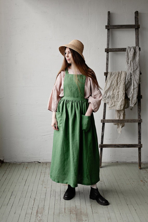 Apple Green Cottage Dress, Linen Pinafore Dress, Elastic Waist Dress, Linen  Pinafore, Linen Dress for Women, Victorian Apron - Etsy Norway