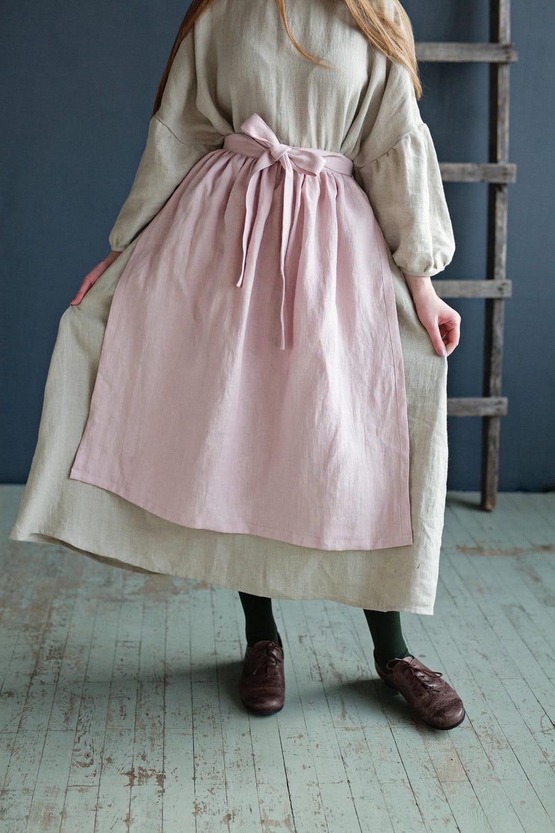 Baby Pink Linen Apron: Cottagecore Kitchen Skirt image 1