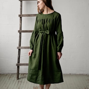 Forest Green Victorian Dress, Linen Dress, Victorian Style Dress, Linen Dress for Women, Linen Maxi Dress, Long Sleeve Linen Dress