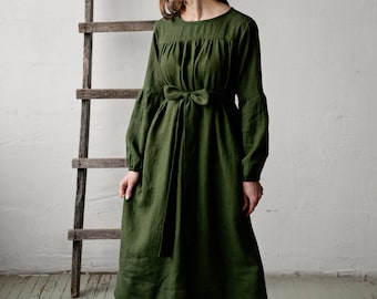Forest Green Victorian Dress, Linen Dress, Victorian Style Dress, Linen Dress for Women, Linen Maxi Dress, Long Sleeve Linen Dress