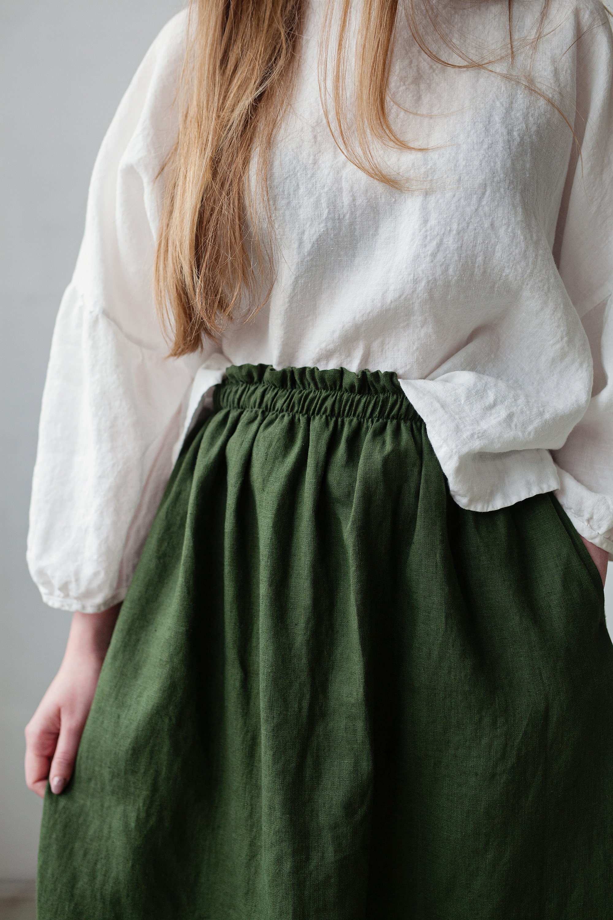 Forest Green Classic Midi Skirt, Linen Skirt, Linen Skirt