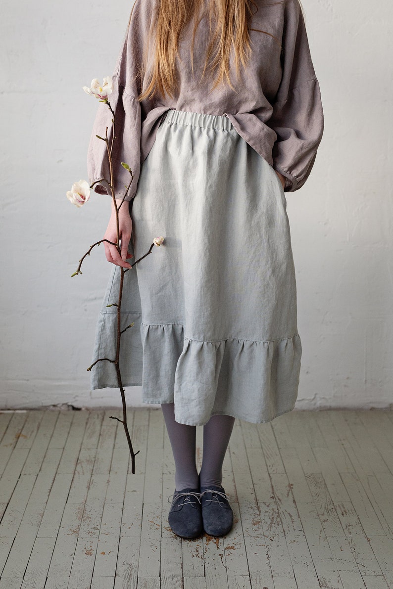 Fog Grey Romantic Midi Skirt, Midi Linen Skirt, Linen Skirt with Pockets, Victorian Style Skirt, Cottagecore Skirt, Linen Midi Skirt image 2