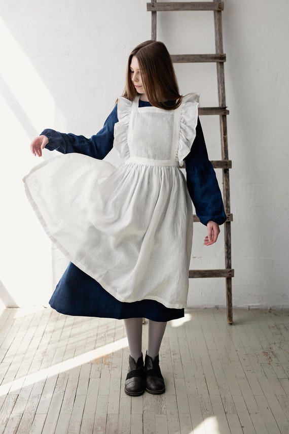 White Midi Vintage Apron, Linen Pinafore With Wings, Linen White Midi Vintage Apron, Linen Pinafore With Wings, Linen
