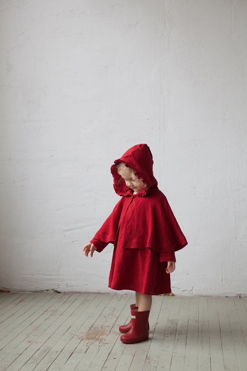 Cherry Little Red Riding Hood Cape, Different Embroideries, Hooded Linen Cape for Girls, Little Red Riding Hood Costume image 1