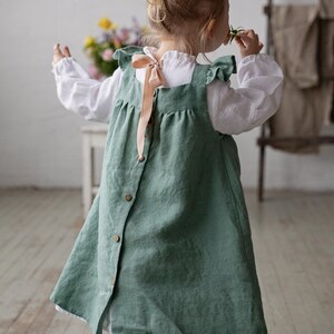 Mint Linen Pinafore Dress: Embroidered Baby Apron, Flower Girl Outfit image 2