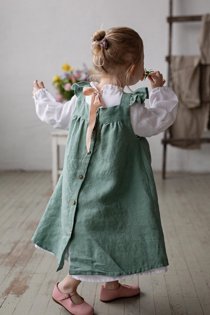 Mint Linen Pinafore Dress: Embroidered Baby Apron, Flower Girl Outfit image 2