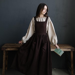 Chocolate Cottage Dress, Linen Pinafore Dress, Elastic Waist Dress, Linen Pinafore, Linen Dress for Women, Victorian Apron