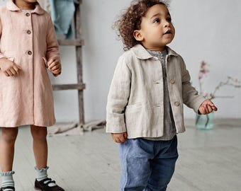 Natural Peter Pan Collar Jacket, Kids Linen Jacket, Different Embroideries, Classic Coat for Kids, Linen Coat, Linen Jacket