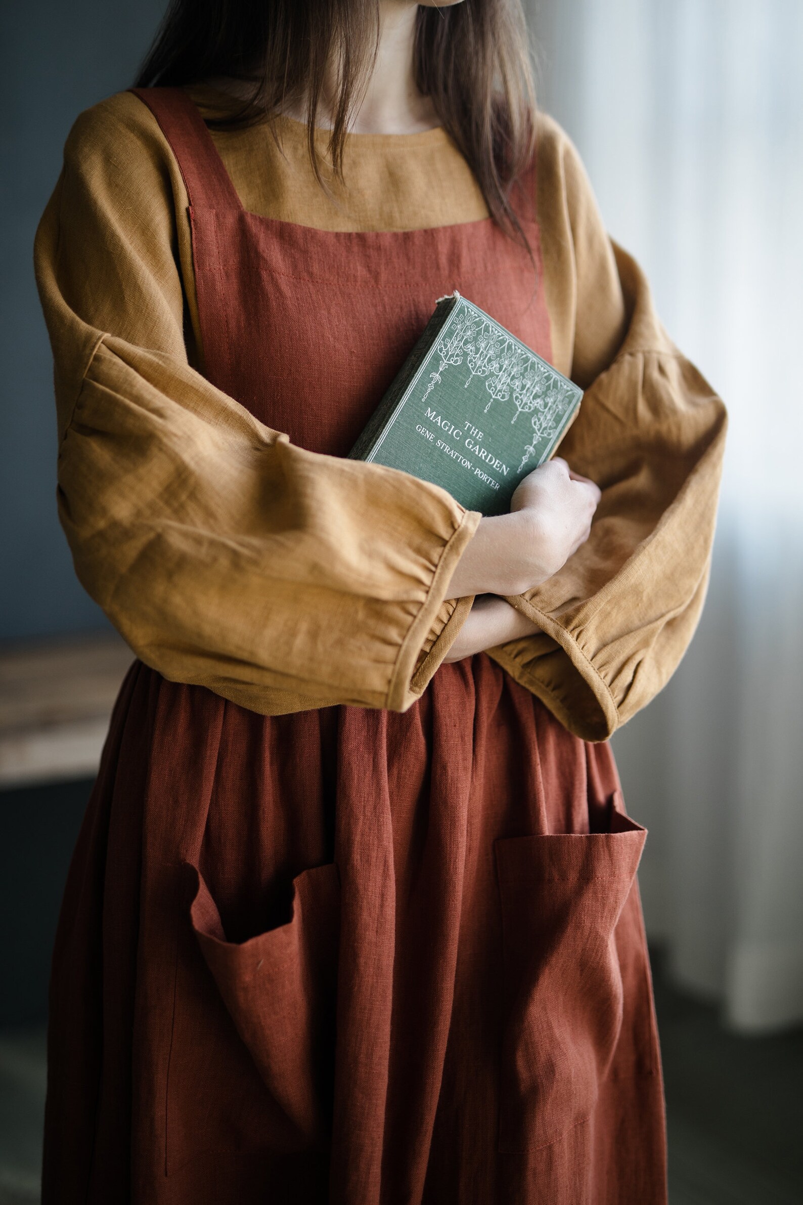 Rust Cottage Dress Linen Pinafore Dress Elastic Waist Dress Etsy