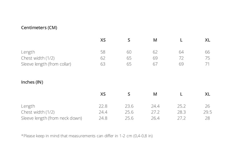 K&ouml;nnte beinhalten: Gr&ouml;&szlig;entabelle f&uuml;r Kleidung in Zentimetern und Zoll. Die Tabelle zeigt die Ma&szlig;e f&uuml;r L&auml;nge, Brustweite und &Auml;rmell&auml;nge f&uuml;r die Gr&ouml;&szlig;en XS, S, M, L und XL.