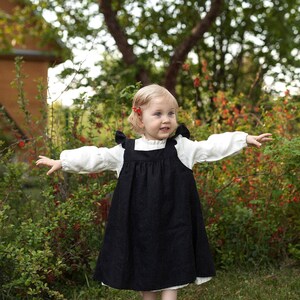 Black Linen Pinafore Dress: Ruffled Sleeves, Girls Apron image 2