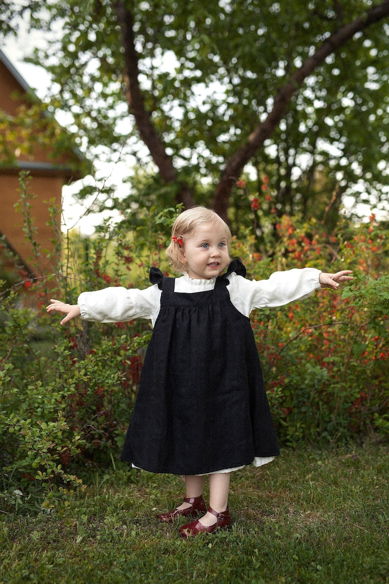 Black Linen Pinafore Dress: Ruffled Sleeves, Girls Apron image 2