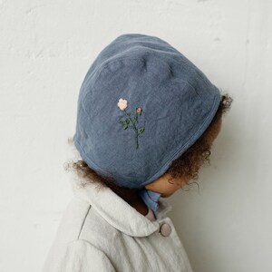 Dusty Blue Classic Bonnet, Kids Linen Bonnet, Different Embroideries, Unisex Linen Bonnet, Linen Hat for Kids, Hand Embroidery image 7