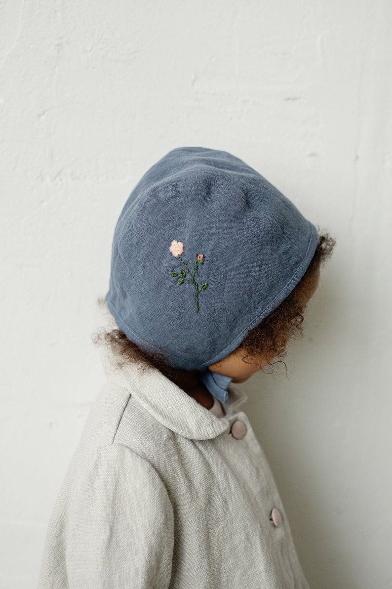 Dusty Blue Classic Bonnet, Kids Linen Bonnet, Different Embroideries, Unisex Linen Bonnet, Linen Hat for Kids, Hand Embroidery image 7