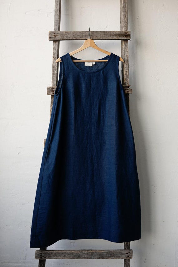 Navy Blue Sleeveless Dress, Linen Dress, A Line Linen Dress, A Line Dress, Linen Dress for Women, Linen Midi Dress, Flattering Dress