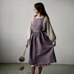 Dianinfa Women’s Cross Back Apron – Cotton Linen Blend, Two Pockets, Knee-Length Cover, No Ties Design