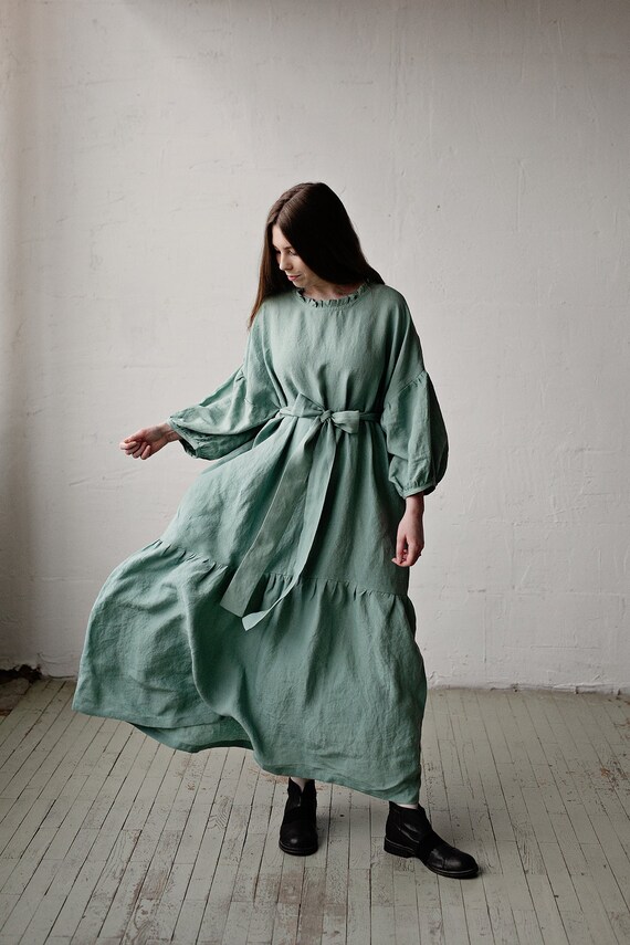 Mint Ruffle Kimono Dress Oversized Linen Dress Linen Dress