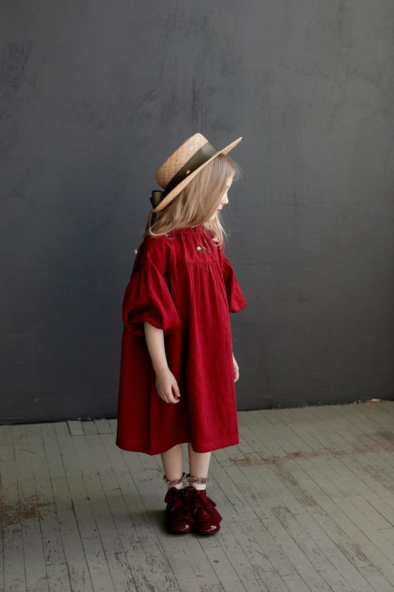 Cherry Linen Parachute Dress: Embroidered Flower Girl Dress