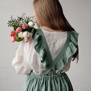 Mint Linen Pinafore Dress: Ruffle Strap Vintage Apron