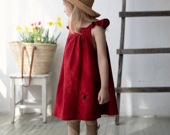 Cherry Pinafore Dress, Linen Pinafore Dress, Different Embroideries, Linen Dress Girls, Baby Apron, Flower Girl Dress, Dress Girls