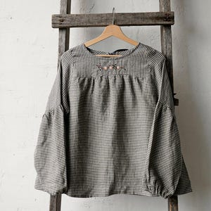 Grey Gingham Victorian Tunic, Linen Tunic, Linen Shirt, Linen Blouse, Cottagecore Blouse, Women Linen Shirt, Linen Top, Long Sleeve Shirt