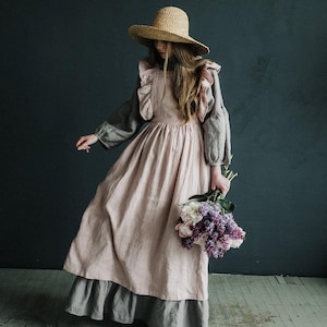 Baby Pink Long Vintage Apron, Linen Pinafore with Wings, Linen Apron, Victorian Maids Apron, Cottagecore Linen Apron, Linen Apron for Women