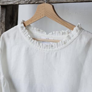 White Linen Tunic: Romantic Ruffle Neckline, Oversized Kimono Blouse image 4