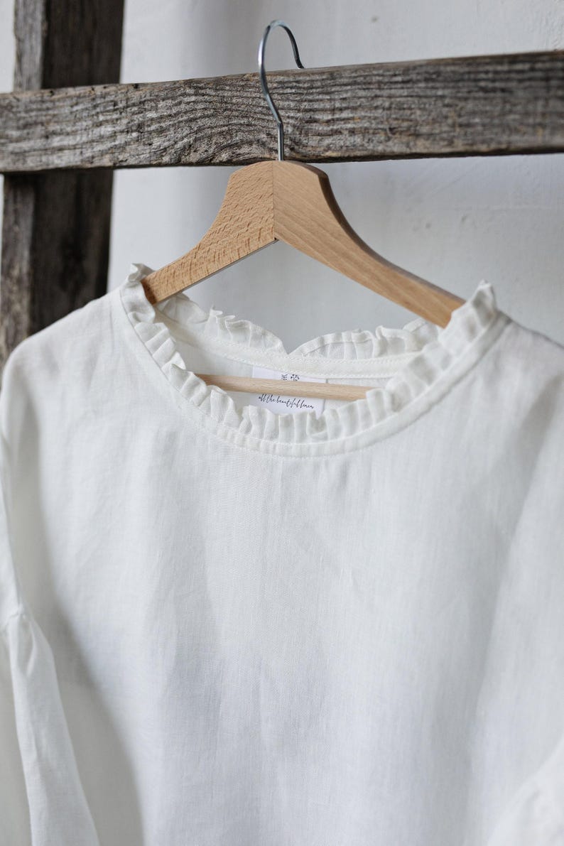 White Linen Tunic: Romantic Ruffle Neckline, Oversized Kimono Blouse image 4