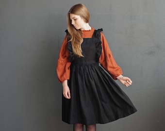 Black Vintage Short Linen Dress: Ruffle Flutter Sleeve Apron, Elastic Waist
