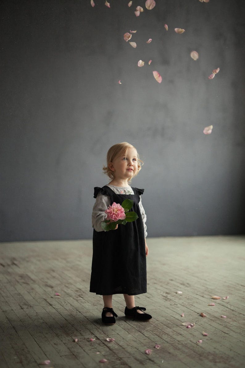Black Linen Pinafore Dress: Ruffled Sleeves, Girls Apron image 6