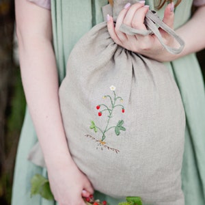 Linen Pouch Bag, Different Colours, Wild Strawberry Embroidery, Laundry Bag, Nursery Decor, Toy Storage Bag, Bread Bag, Gift for Women image 6