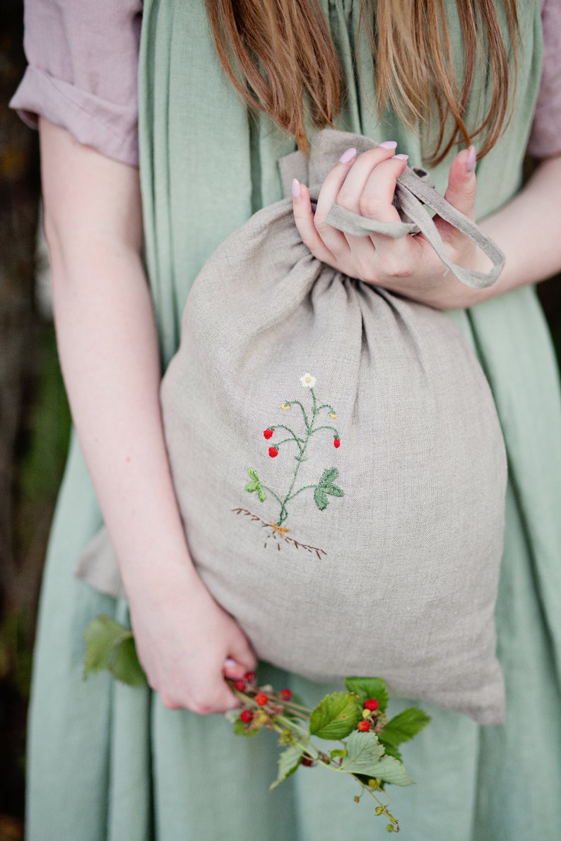 Linen Pouch Bag, Different Colours, Wild Strawberry Embroidery, Laundry Bag, Nursery Decor, Toy Storage Bag, Bread Bag, Gift for Women image 6