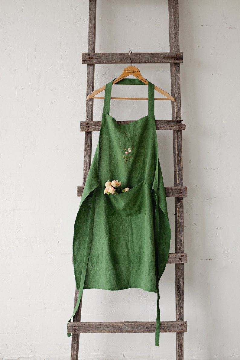Traditional Linen Apron Green Apron Hand Embroidery Green Etsy