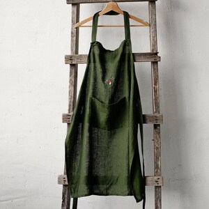 Linen Cooking Apron, Forest Green, Hand Embroidered (One Size)