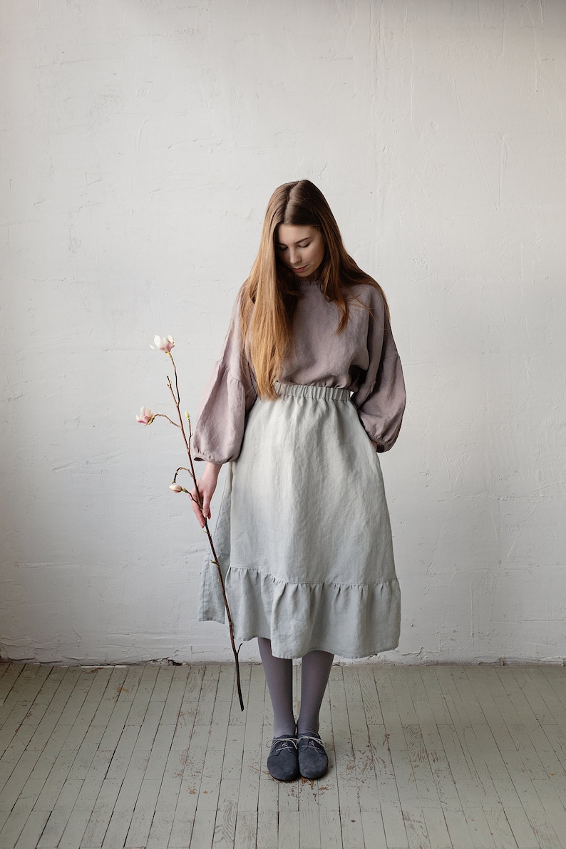 Fog Grey Romantic Midi Skirt, Midi Linen Skirt, Linen Skirt with Pockets, Victorian Style Skirt, Cottagecore Skirt, Linen Midi Skirt image 1