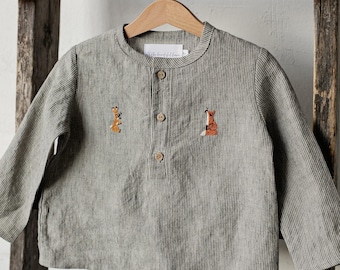 Embroidered Linen Shirt: B&W Stripe, Long Sleeve, Unisex