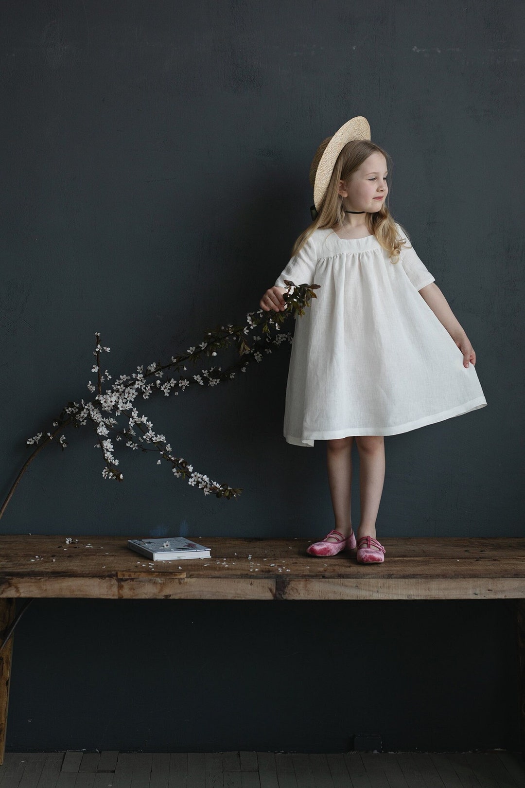 White Short Sleeve Classic Linen Dress, Baby Linen Dress, Baby Dress, Linen Clothes Girls, Dress