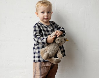Plaid Linen Shirt: Long Sleeve Unisex Kids Shirt with Coconut Buttons