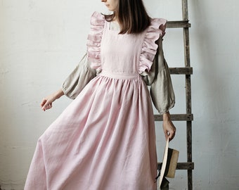 Baby Pink Long Vintage Dress, Linen Pinafore Dress, Elastic Waist Dress, Linen Pinafore with Wings, Linen Dress for Women, Victorian Apron
