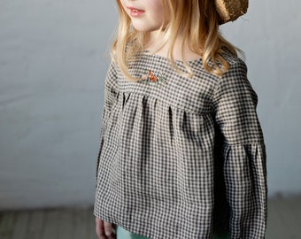 Grey Gingham Short Linen Tunic, Different Embroideries, Linen Shirt for Girls, Long Sleeve Linen Tunic, Girl Linen Top, Baby Shirt